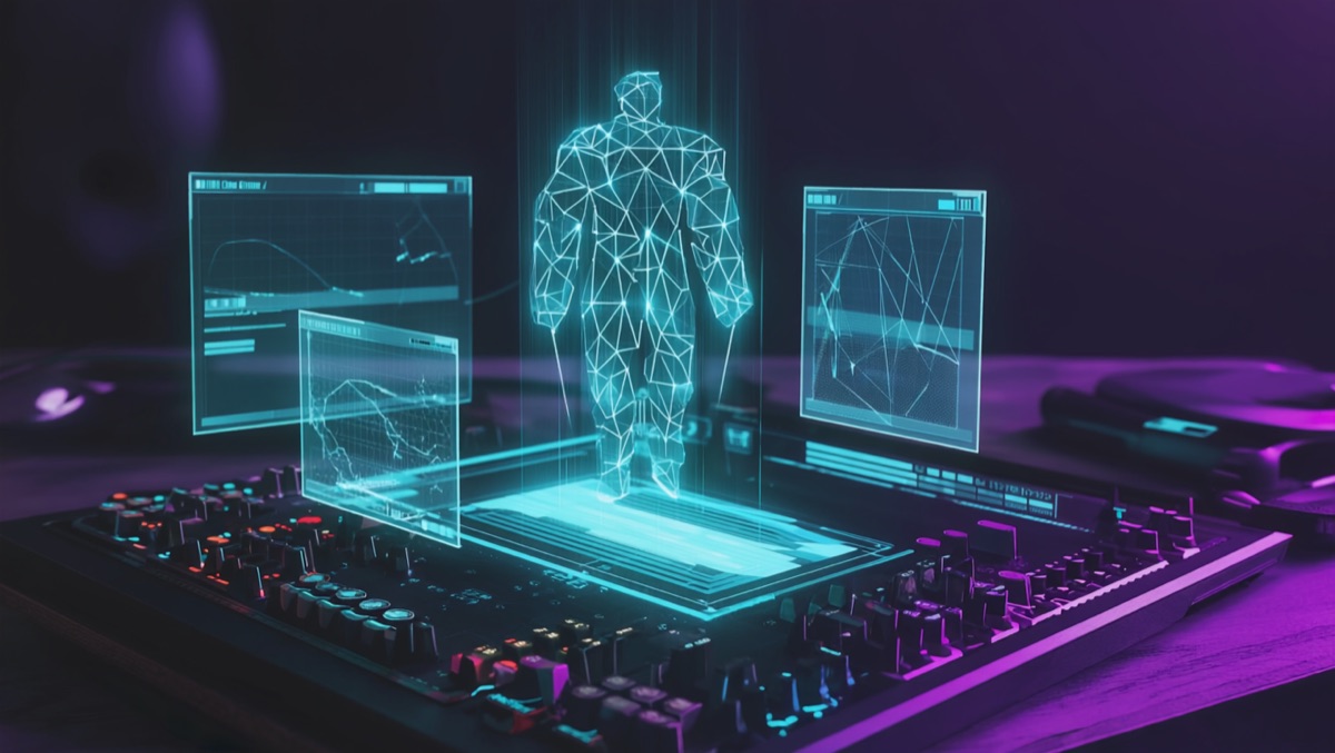 Holographic game character model floating above a dark game-engine workstation