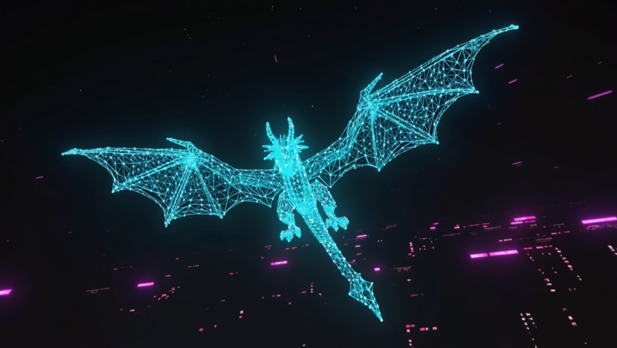A dragon silhouette formed from a glowing neural network of light