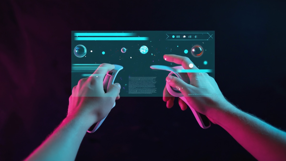 Hands with VR controllers reaching toward a floating holographic interface